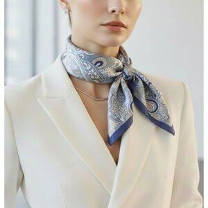 ⭐Elegant Bandana Square Scarf Silky Satin Soft Blue Silver Versatile Paisley